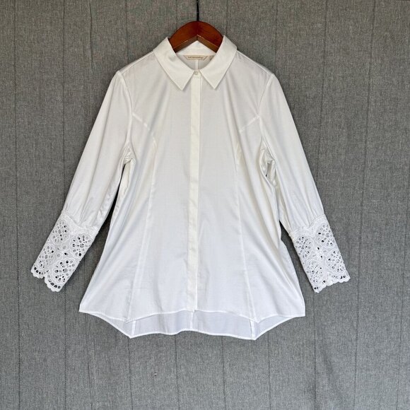 Soft Surroundings White Long Sleeve Embroidered Lace Cuff Button Front Tunic Top - Picture 3 of 14